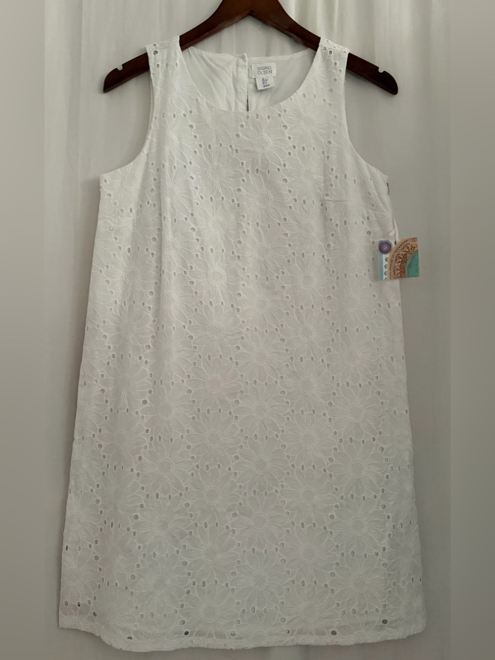 NWT Sigrid Olsen 100% Cotton White Eyelet Embroidered Shift Dress - White - Sz S